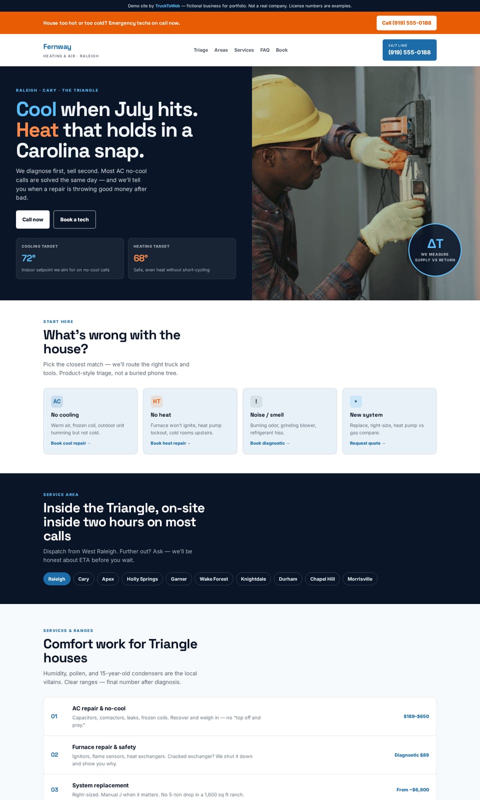 Desktop preview of the fictional Fernway Heating & Air website (HVAC, Raleigh, NC)