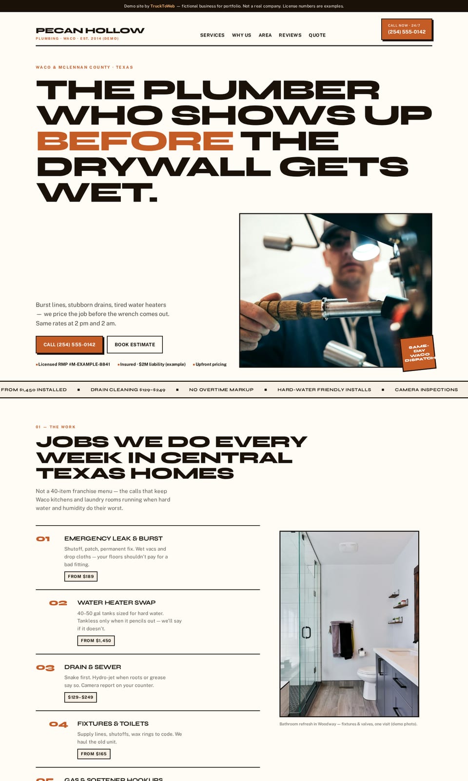 Desktop preview of the fictional Pecan Hollow Plumbing website (Plumbing, Waco, TX)